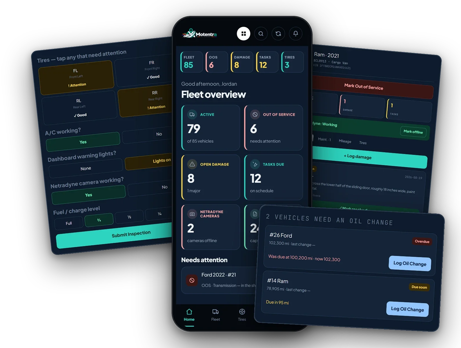 Motentra on a phone: the fleet overview, an end-of-shift inspection, a van record and the oil change list